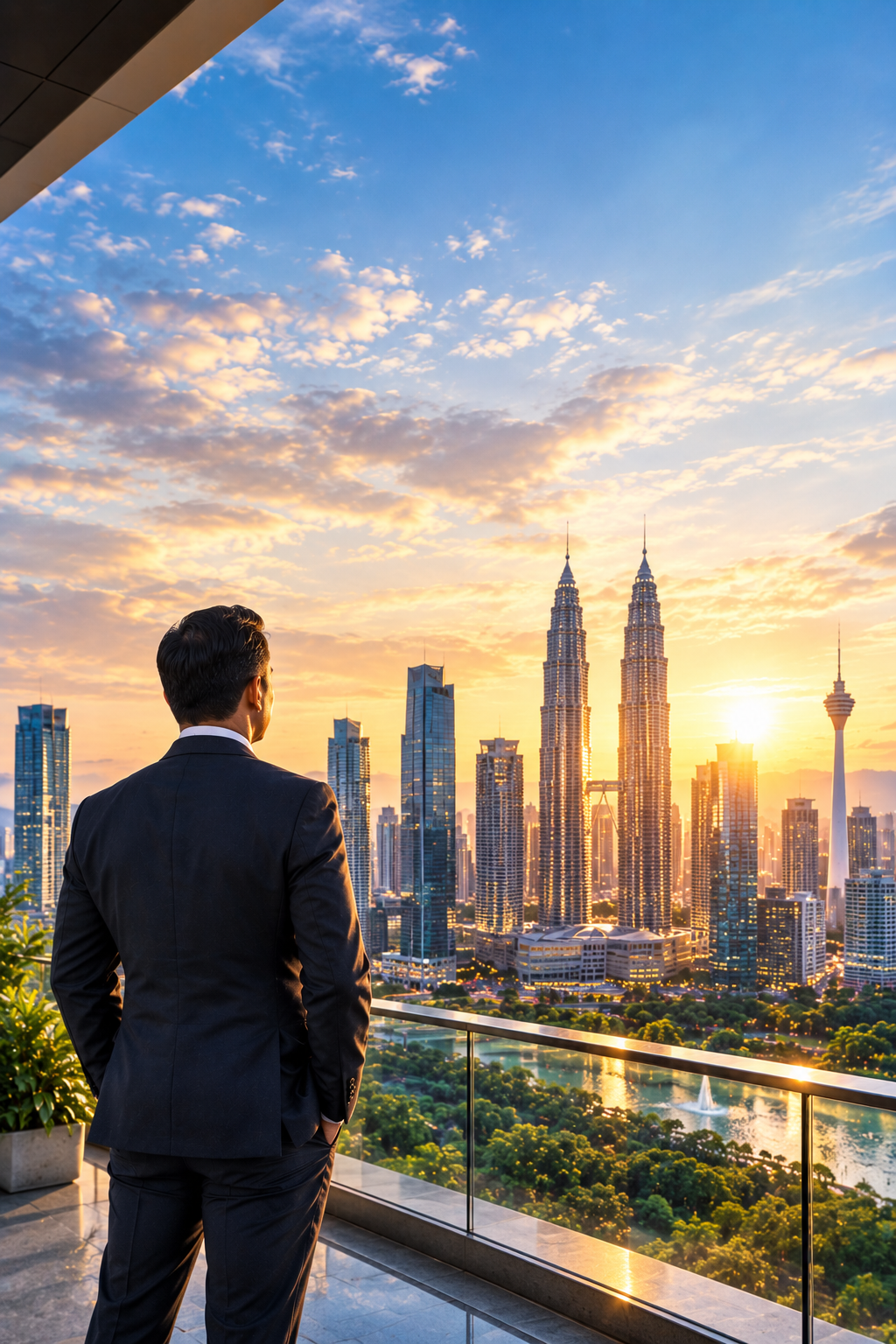 A businessman overlooking the Kuala Lumpur skyline at sunset